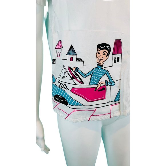 Vintage 60s Novelty Blouse Womens Small Printed Dream Pockets Girl Shirts - Picture 4 of 10